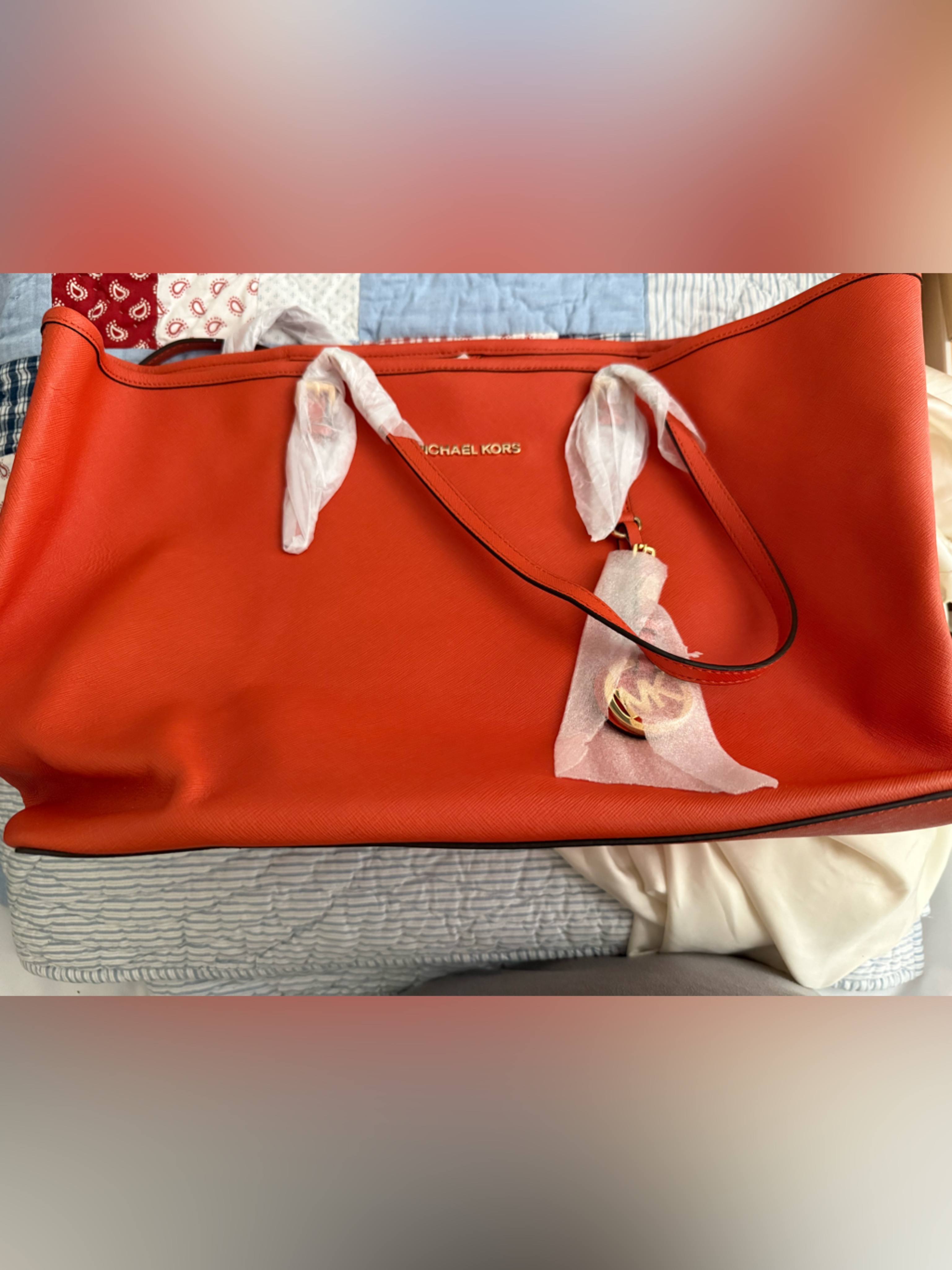Michael Kors Orange Leather Jet Setter Tote Bag With Extra Long Orange Strap